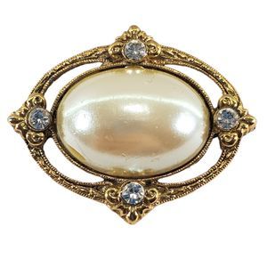 1928 Brand Oval Faux Pearl Brooch Rhinestone Victorian Revival Gold Tone